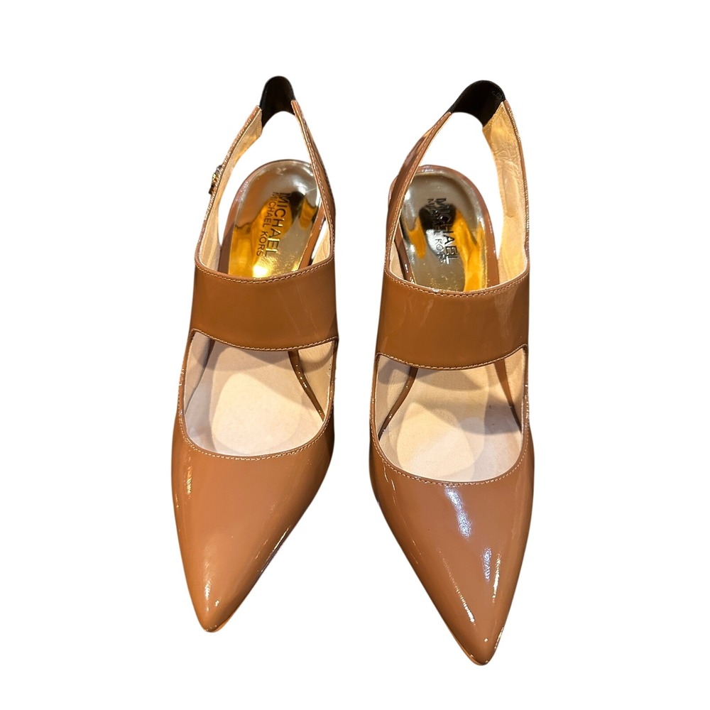 Michael Kors Womens Tan Patent Leather Slingback Heels Shoes Size 7.5M - Picture 2 of 8